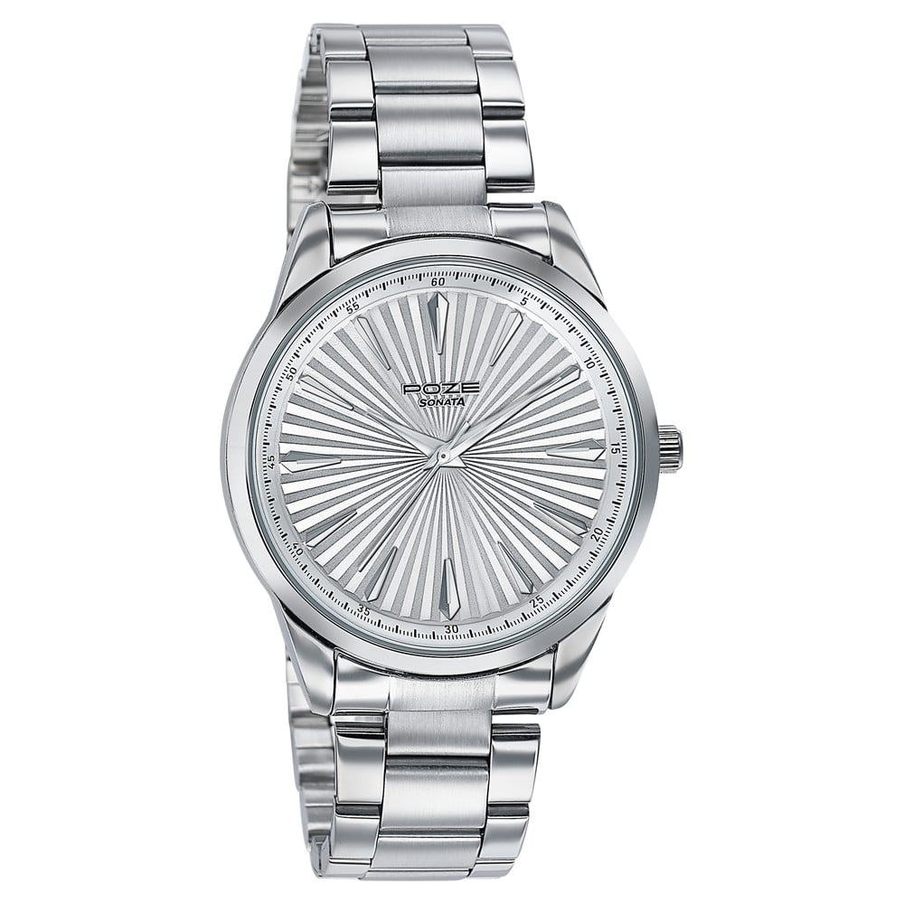 Sonata Poze Quartz Analog White Dial Metal Strap Watch For Men