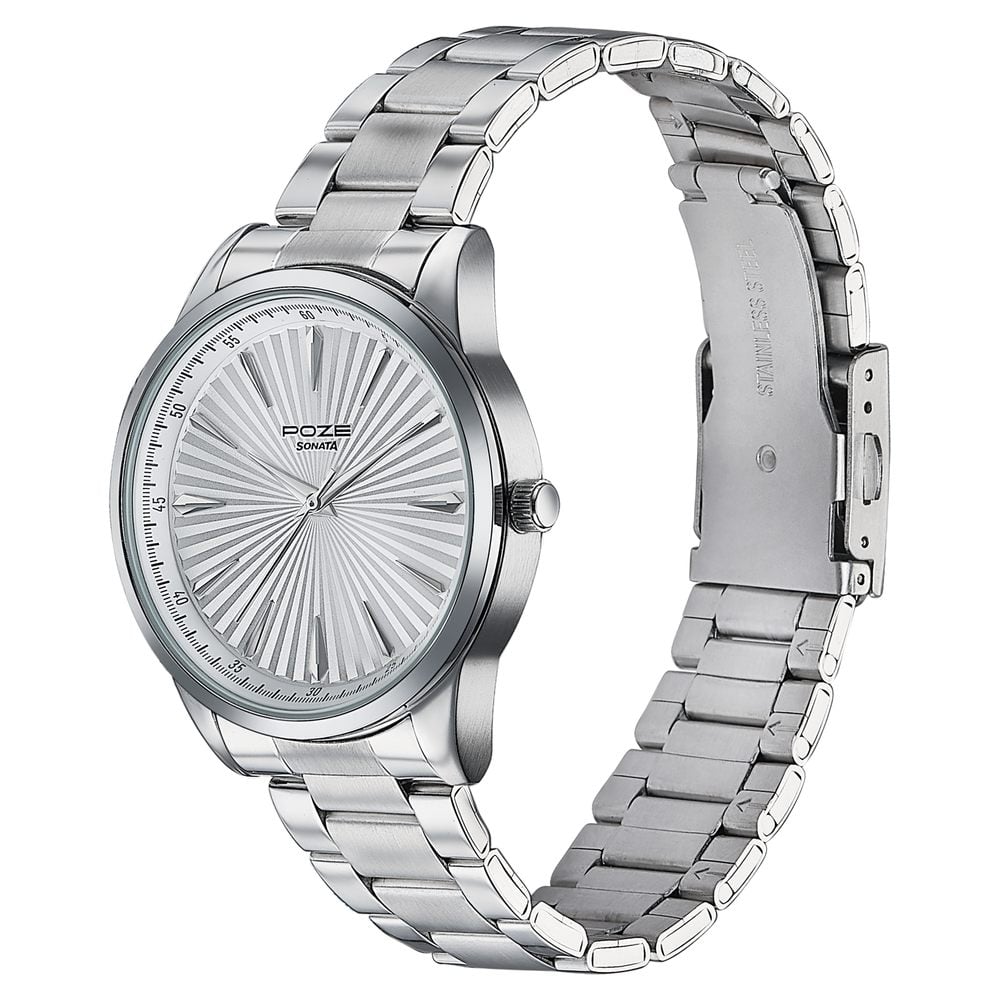 Sonata Poze Quartz Analog White Dial Metal Strap Watch For Men