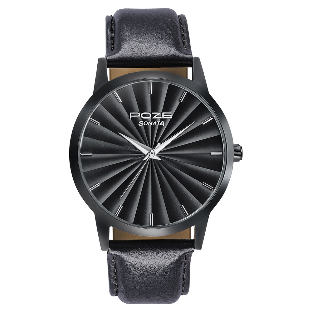 Sonata Poze Quartz Analog Black Dial Leather Strap Watch For Men