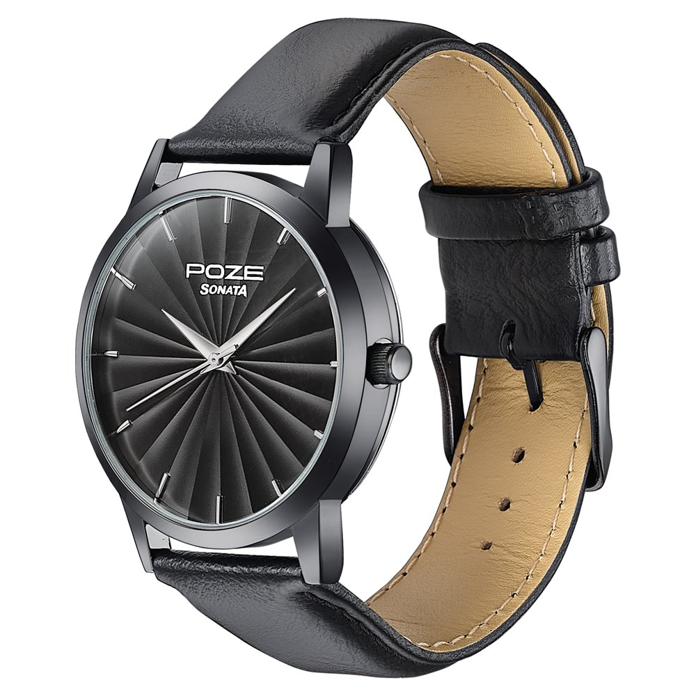 Sonata Poze Quartz Analog Black Dial Leather Strap Watch For Men