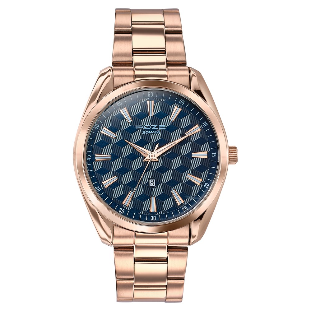 Sonata Poze Quartz Analog Blue Dial Rose Gold Colour Stainless Steel Strap Watch For Men