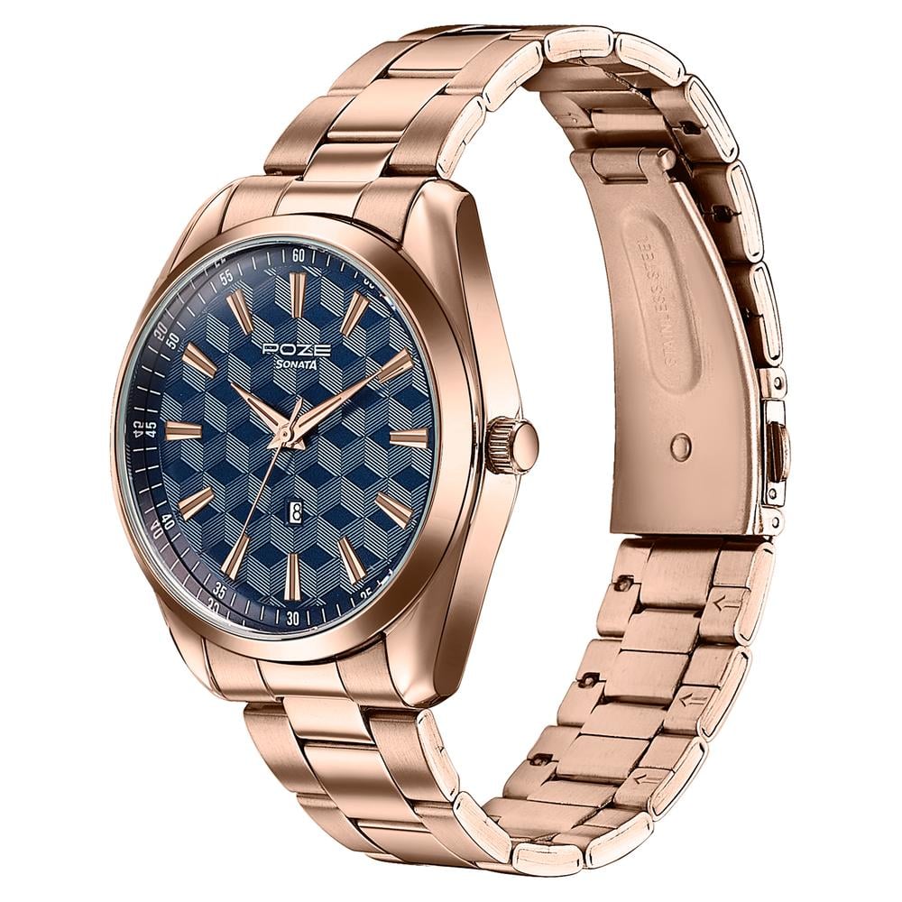 Sonata Poze Quartz Analog Blue Dial Rose Gold Colour Stainless Steel Strap Watch For Men