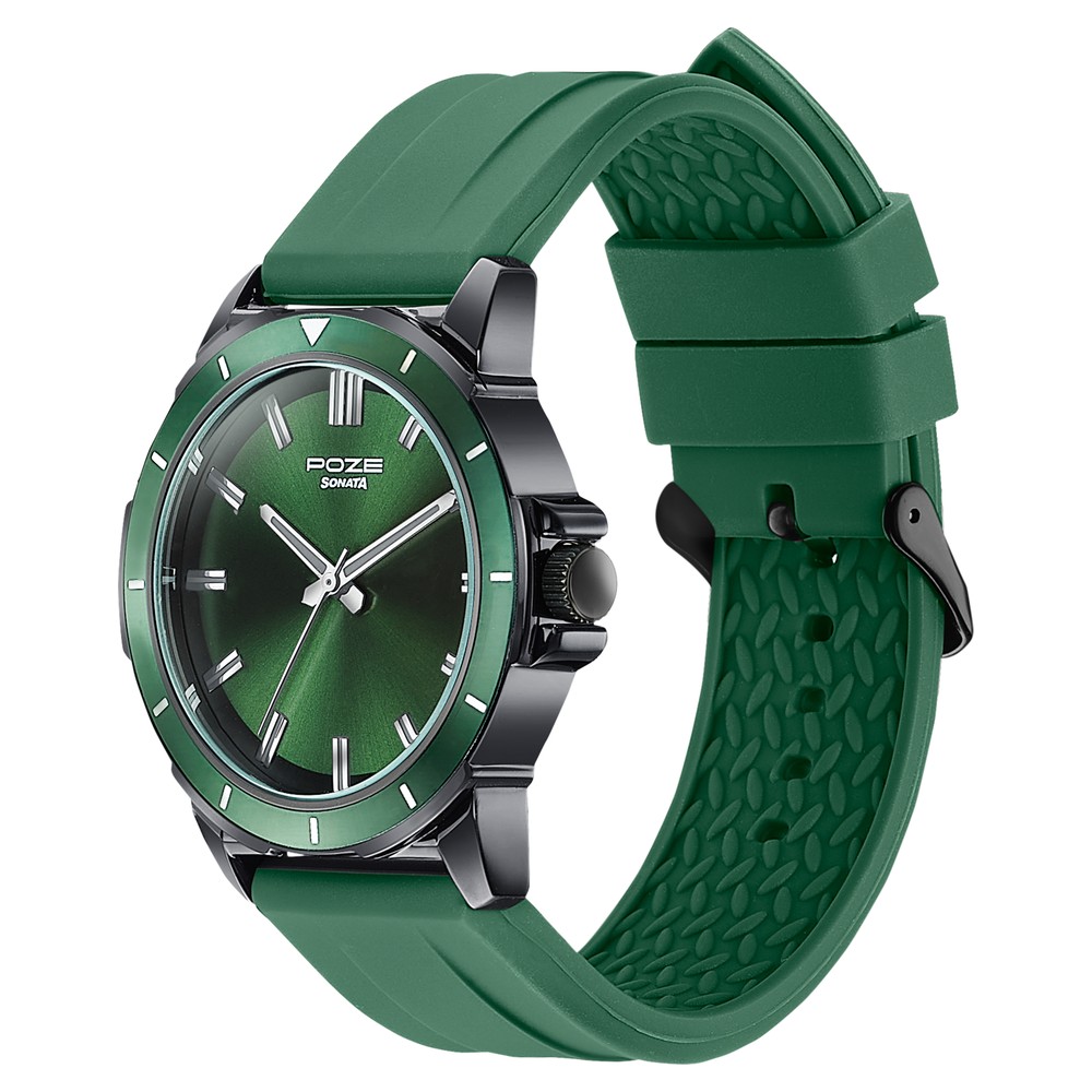 Sonata Poze Quartz Analog Green Dial Green Silicone Strap Watch For Men