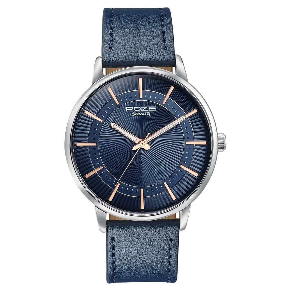 Sonata Poze Quartz Analog Blue Dial Blue Leather Strap Watch For Men