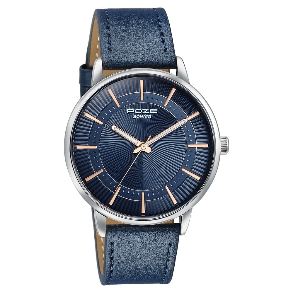 Sonata Poze Quartz Analog Blue Dial Blue Leather Strap Watch For Men