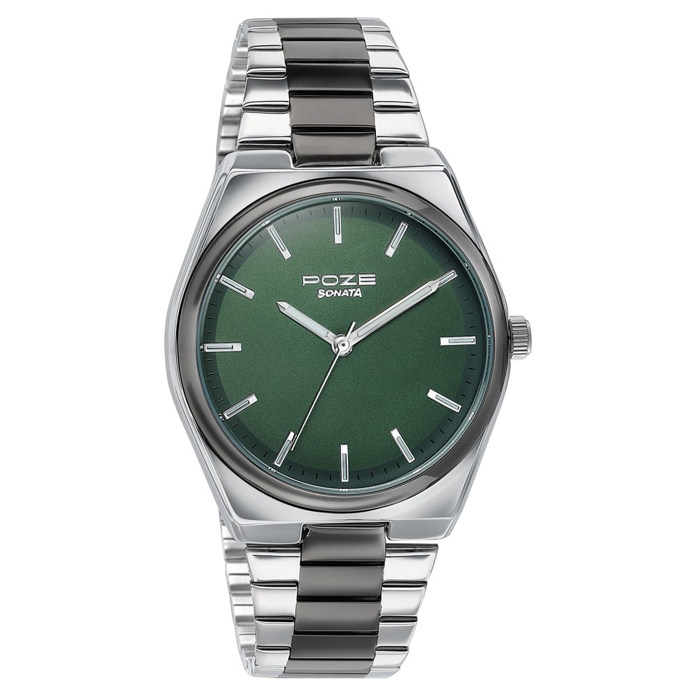 Sonata Poze Quartz Analog Green Dial Two Toned Metal Strap Watch For Men