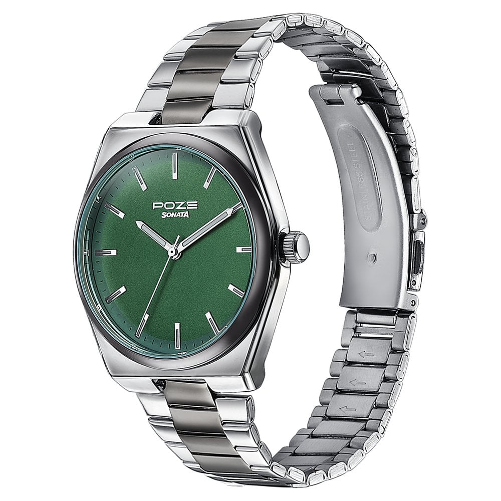 Sonata Poze Quartz Analog Green Dial Two Toned Metal Strap Watch For Men
