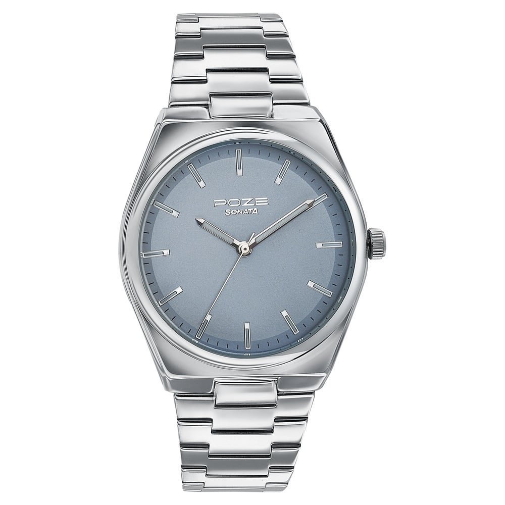 Sonata Poze Quartz Analog Blue Dial Silver Metal Strap Watch For Men