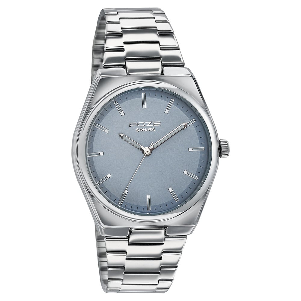 Sonata Poze Quartz Analog Blue Dial Silver Metal Strap Watch For Men