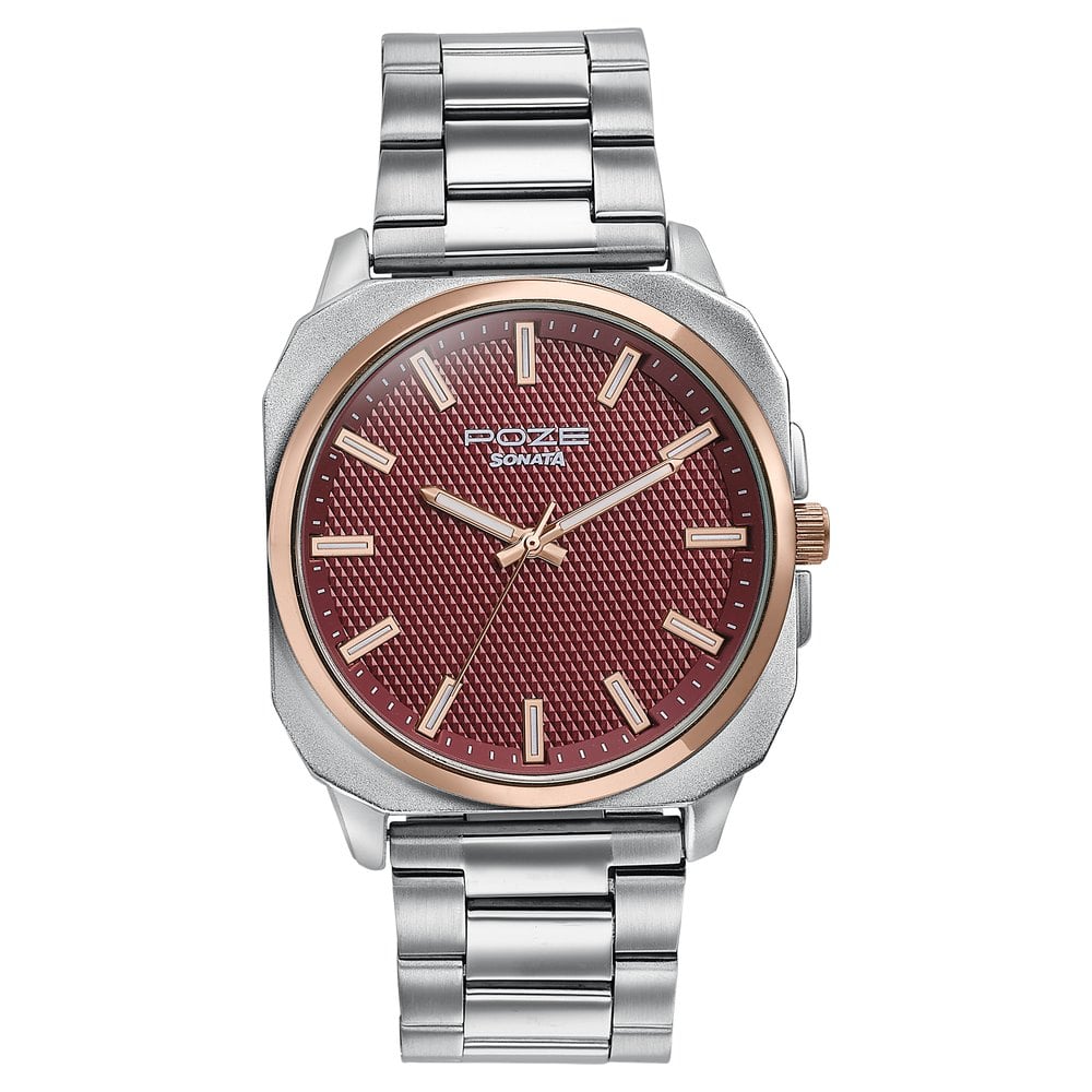 Sonata Poze Quartz Analog Red Dial Silver Metal Strap Watch For Men