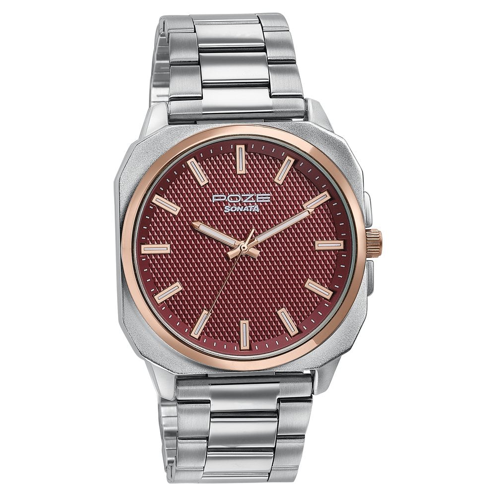 Sonata Poze Quartz Analog Red Dial Silver Metal Strap Watch For Men