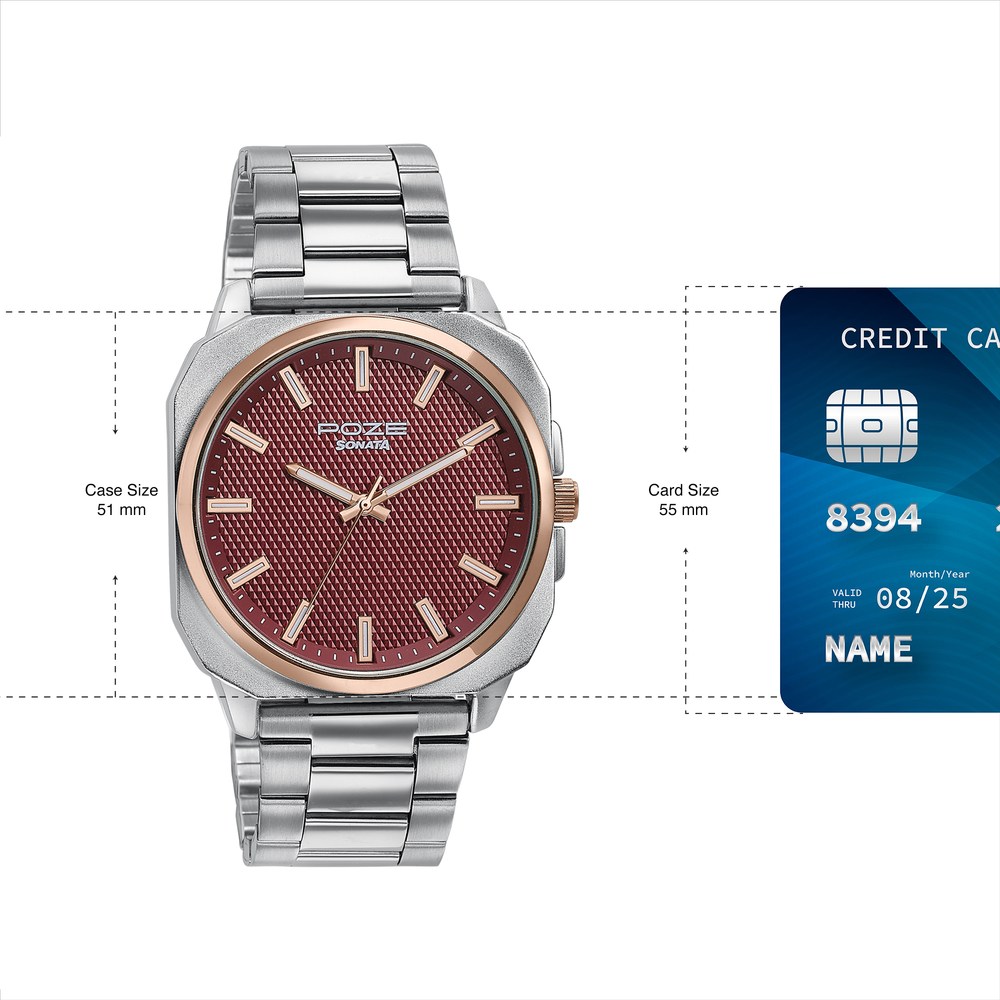 Sonata Poze Quartz Analog Red Dial Silver Metal Strap Watch For Men