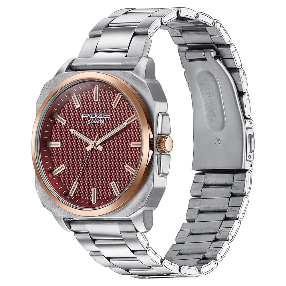 Sonata Poze Quartz Analog Red Dial Silver Metal Strap Watch For Men