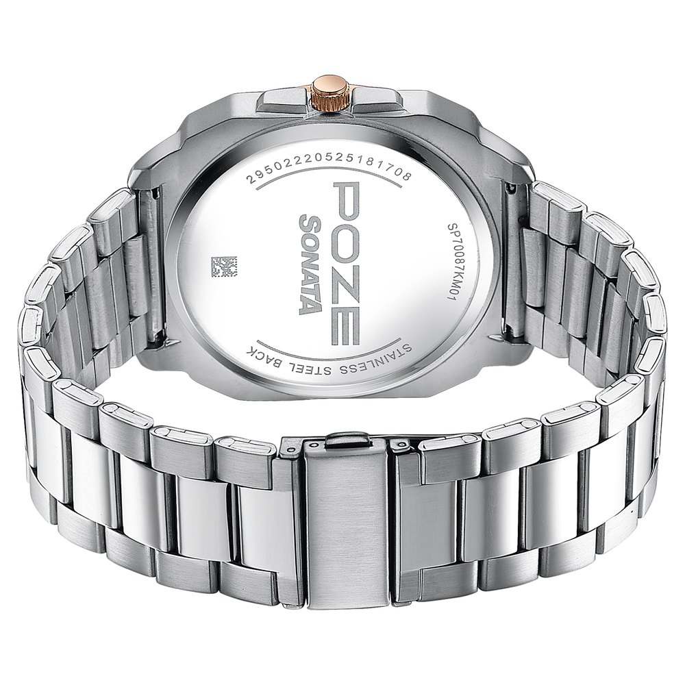 Sonata Poze Quartz Analog Red Dial Silver Metal Strap Watch For Men