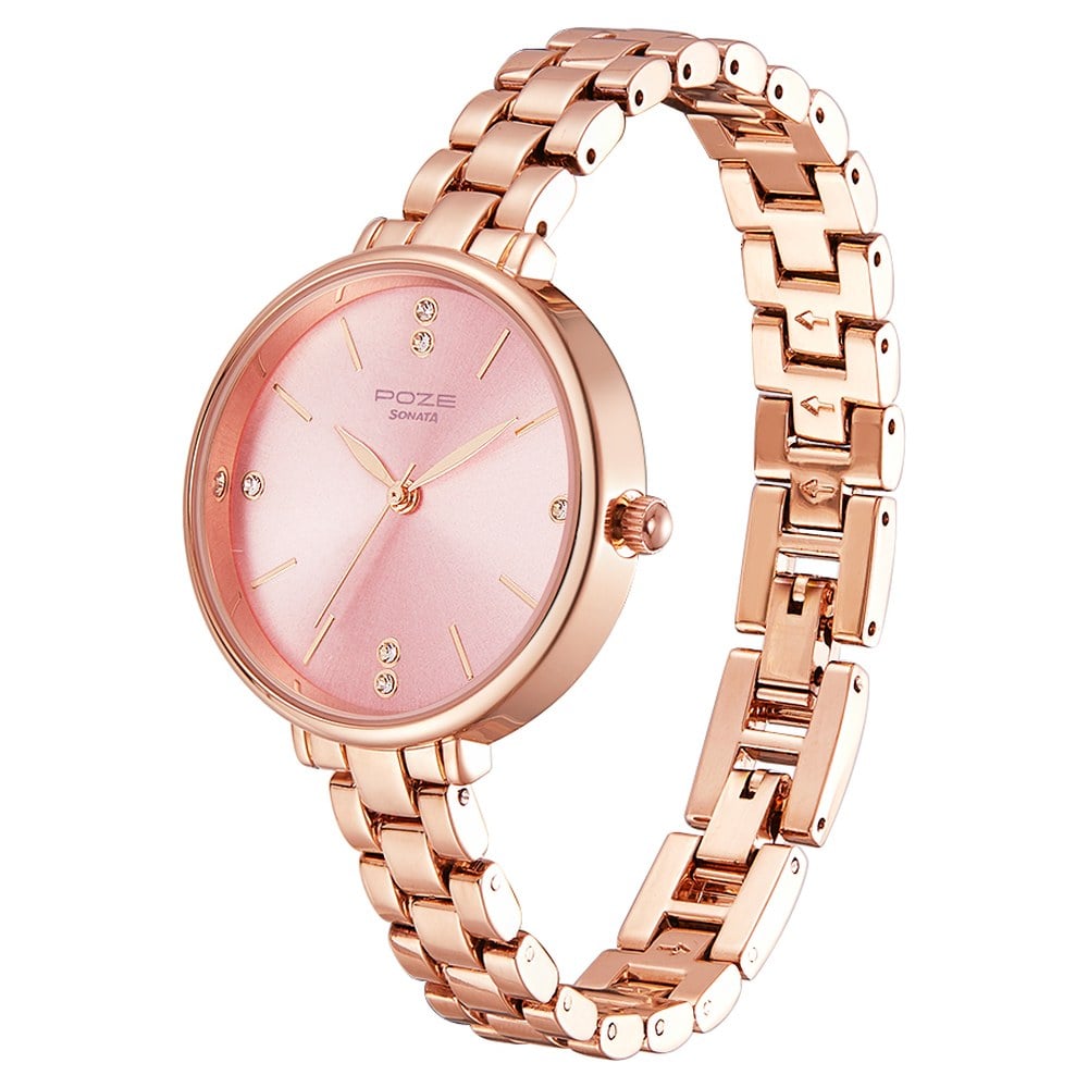 Poze by Sonata Quartz Analog Pink Dial Metal Strap Watch for Women