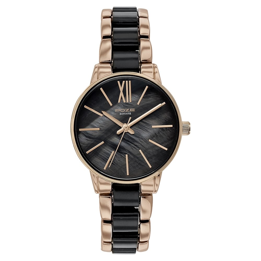 Sonata Poze Quartz Analog Mother Of Pearl Round Dial Two Toned Metal & Plastic Strap Watch For Women