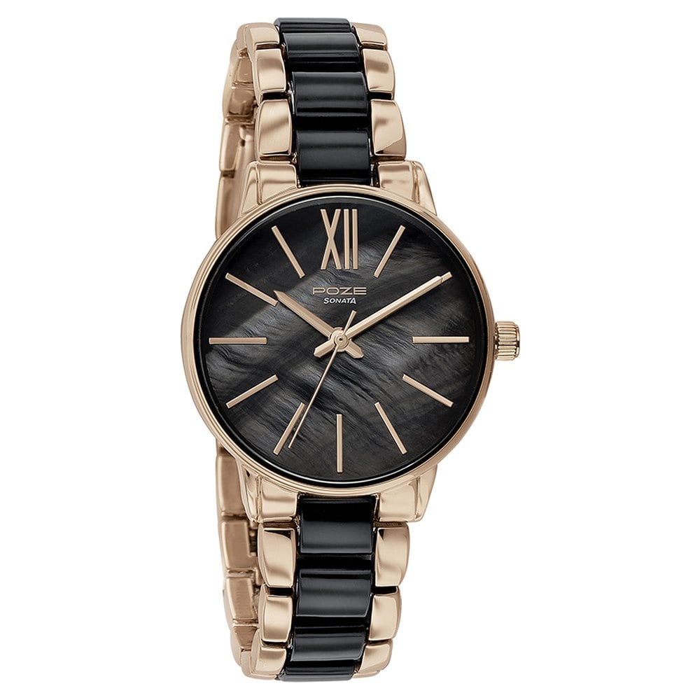 Sonata Poze Quartz Analog Mother Of Pearl Round Dial Two Toned Metal & Plastic Strap Watch For Women