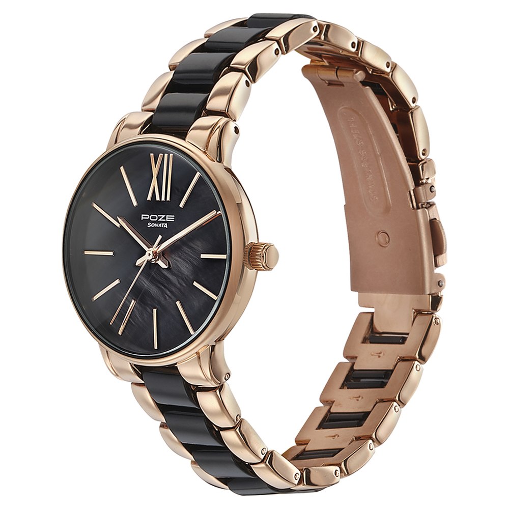 Sonata Poze Quartz Analog Mother Of Pearl Round Dial Two Toned Metal & Plastic Strap Watch For Women