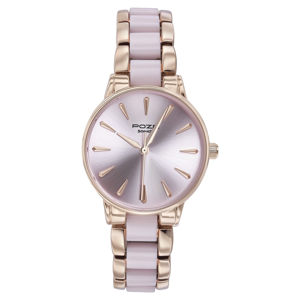 Sonata Poze Quartz Analog Pink Dial Rose Gold Color Metal With Crystal Strap Watch For Women