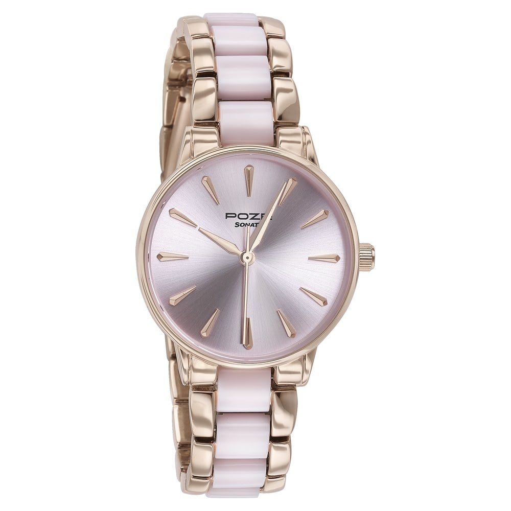 Sonata Poze Quartz Analog Pink Dial Rose Gold Color Metal With Crystal Strap Watch For Women