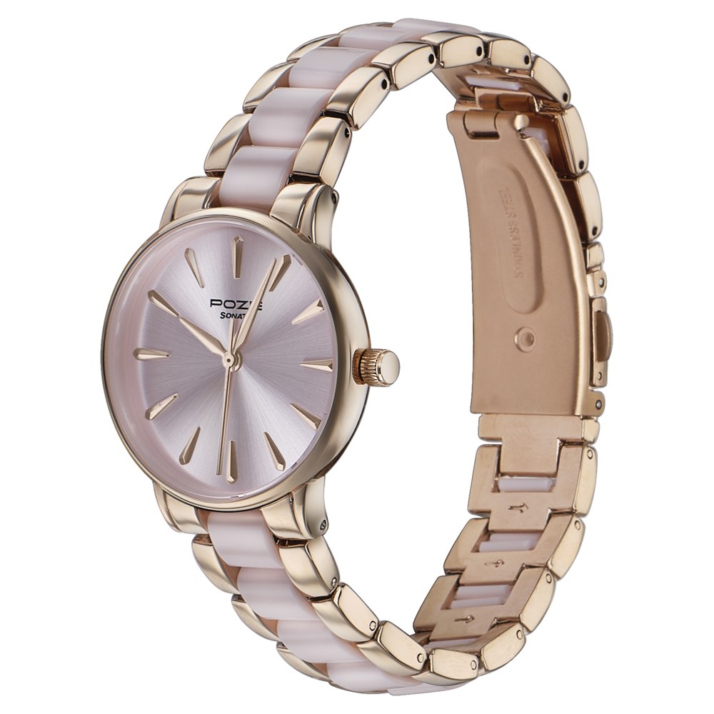Sonata Poze Quartz Analog Pink Dial Rose Gold Color Metal With Crystal Strap Watch For Women