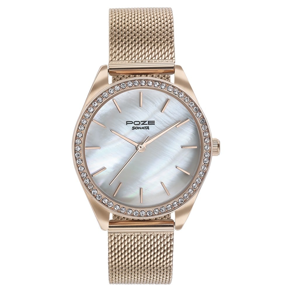 Sonata Poze Quartz Analog Mother of Pearl Dial Rose Gold Color Stainless Steel Strap Watch For Women