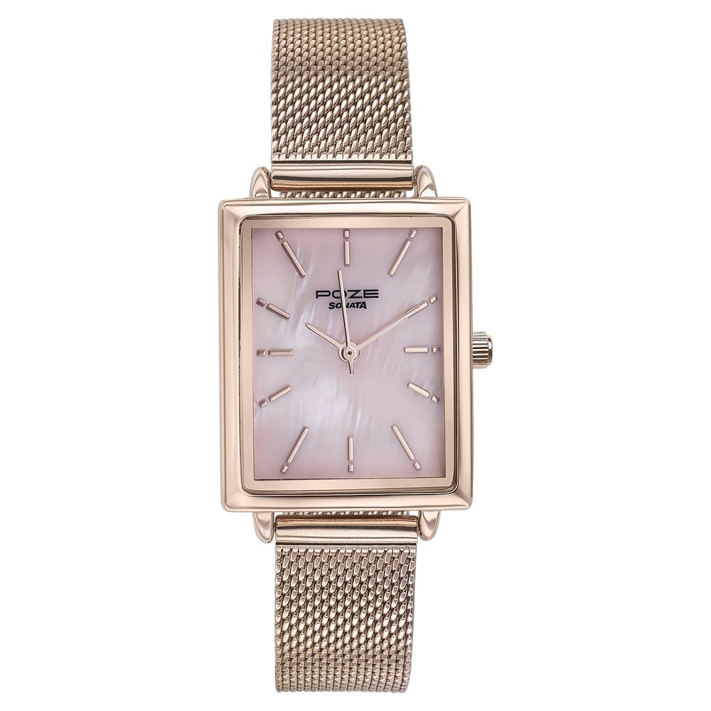 Sonata Poze Quartz Analog Pink Mother Of Pearl Dial Rose Gold Color Stainless Steel Strap Watch For Women