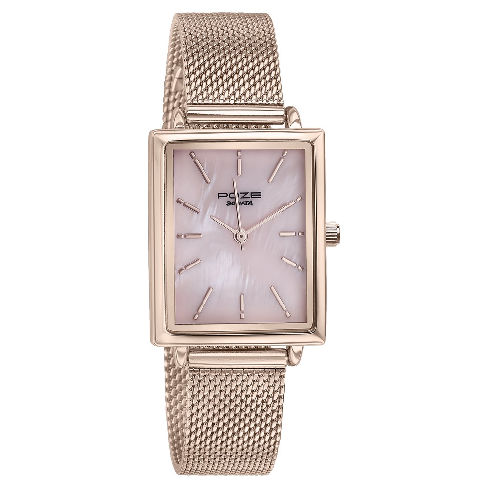 Sonata Poze Quartz Analog Pink Mother Of Pearl Dial Rose Gold Color Stainless Steel Strap Watch For Women