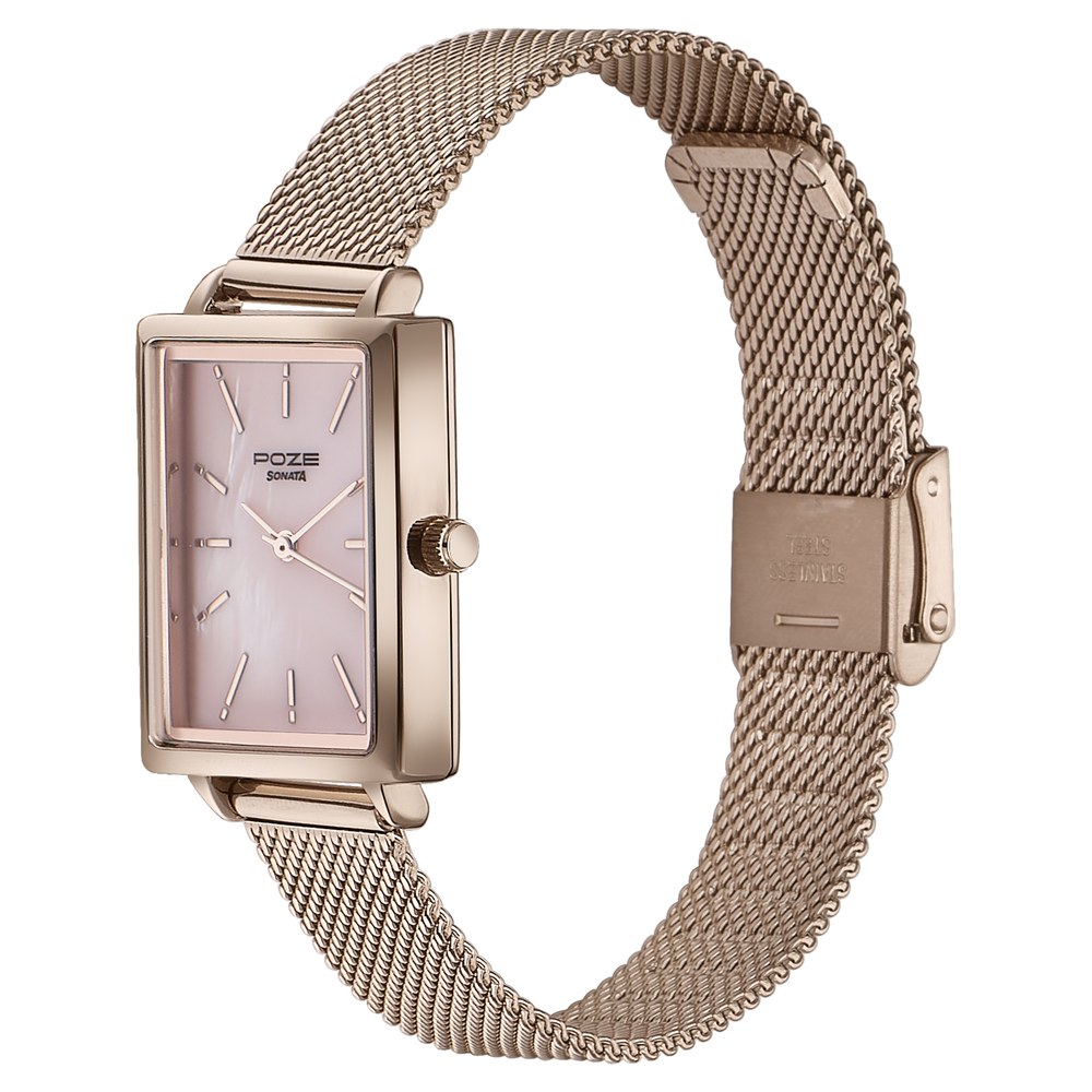 Sonata Poze Quartz Analog Pink Mother Of Pearl Dial Rose Gold Color Stainless Steel Strap Watch For Women