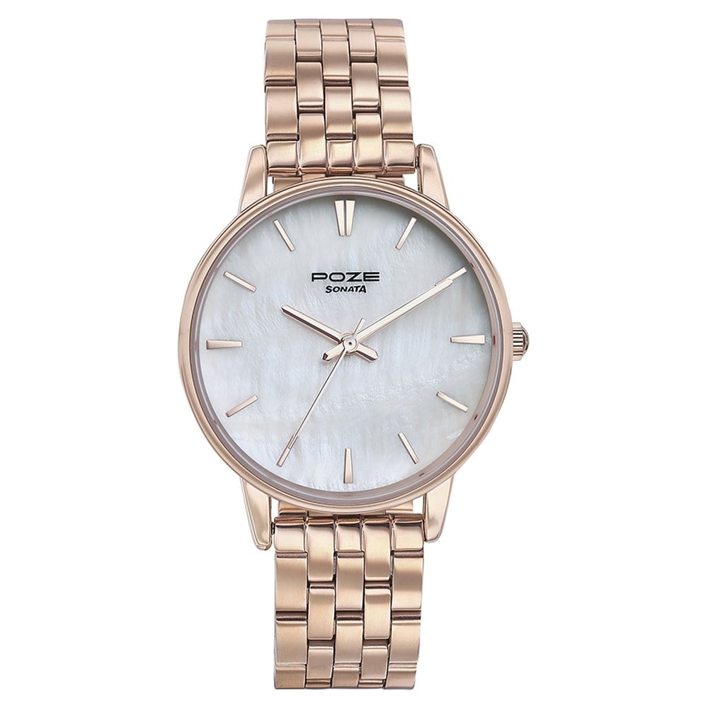 Sonata Poze Quartz Analog Mother of Pearl Round Dial Rose Gold Stainless Steel Strap Watch For Women