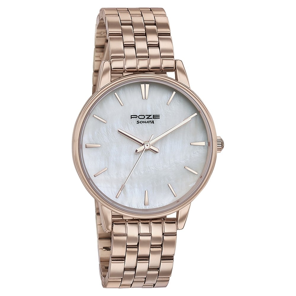 Sonata Poze Quartz Analog Mother of Pearl Round Dial Rose Gold Stainless Steel Strap Watch For Women