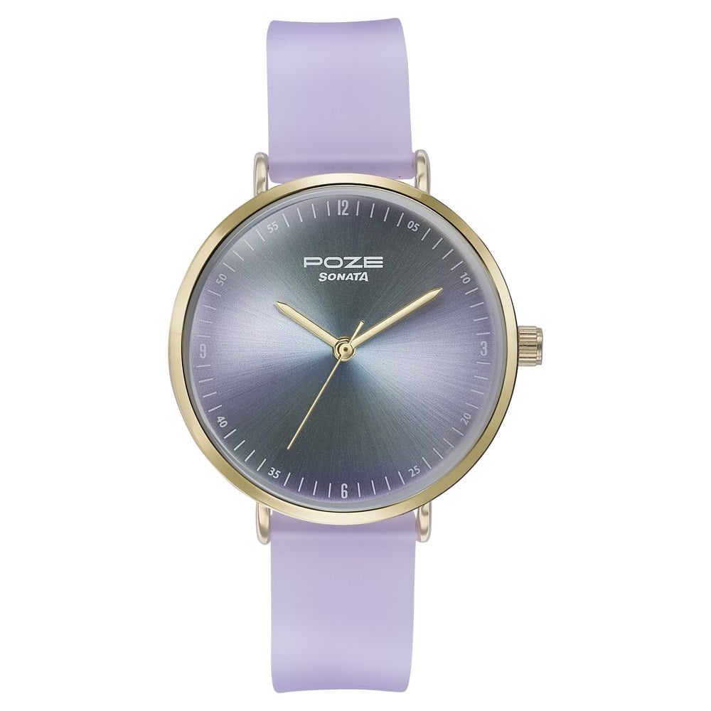Sonata Poze Quartz Analog Blue Dial Purple Leather Strap Watch For Women