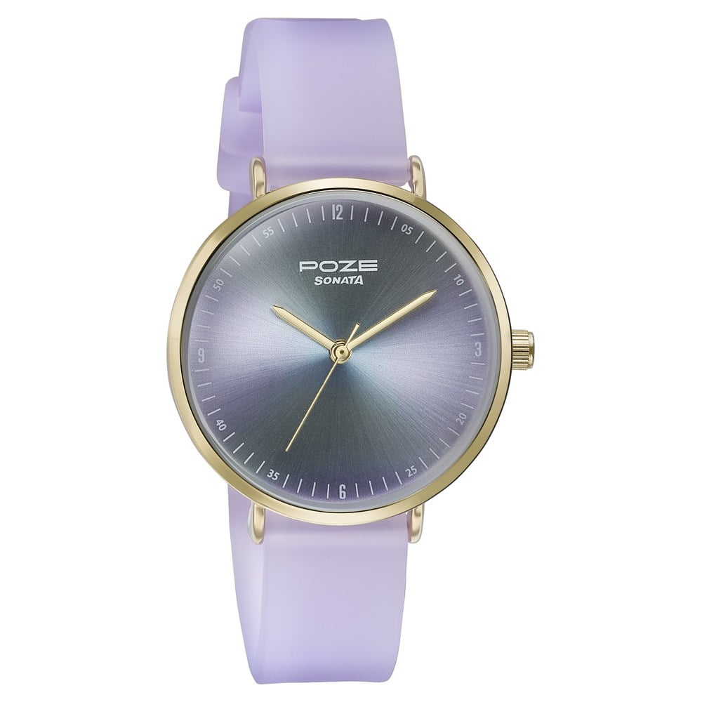 Sonata Poze Quartz Analog Blue Dial Purple Leather Strap Watch For Women