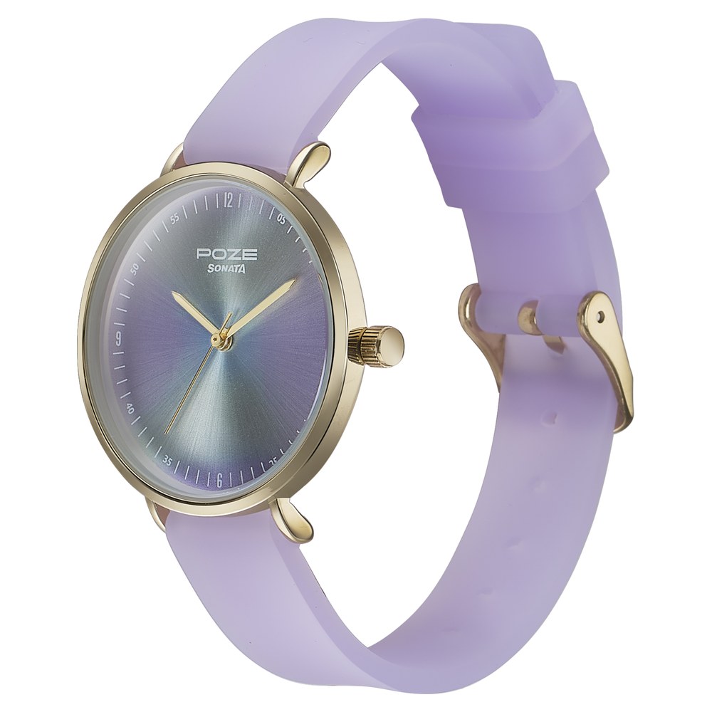 Sonata Poze Quartz Analog Blue Dial Purple Leather Strap Watch For Women