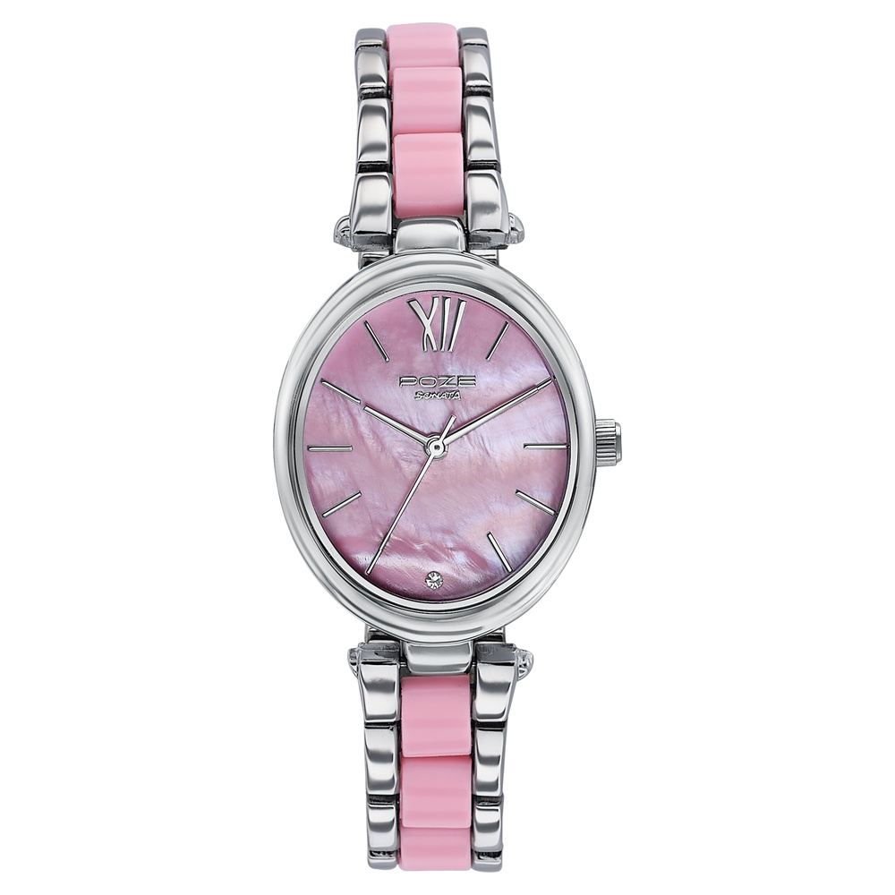 Sonata Poze Quartz Analog Pink Mother Of Pearl Dial Bimetal Strap Watch For Women