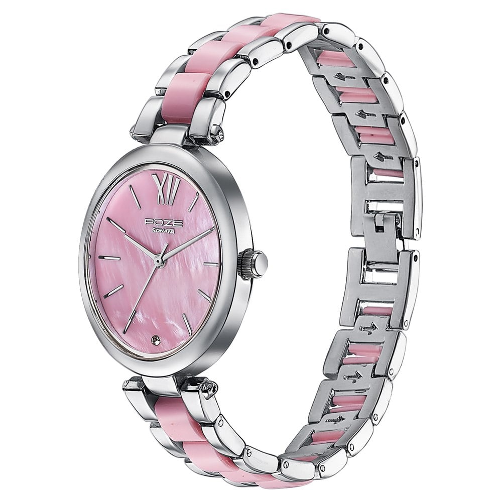 Sonata Poze Quartz Analog Pink Mother Of Pearl Dial Bimetal Strap Watch For Women