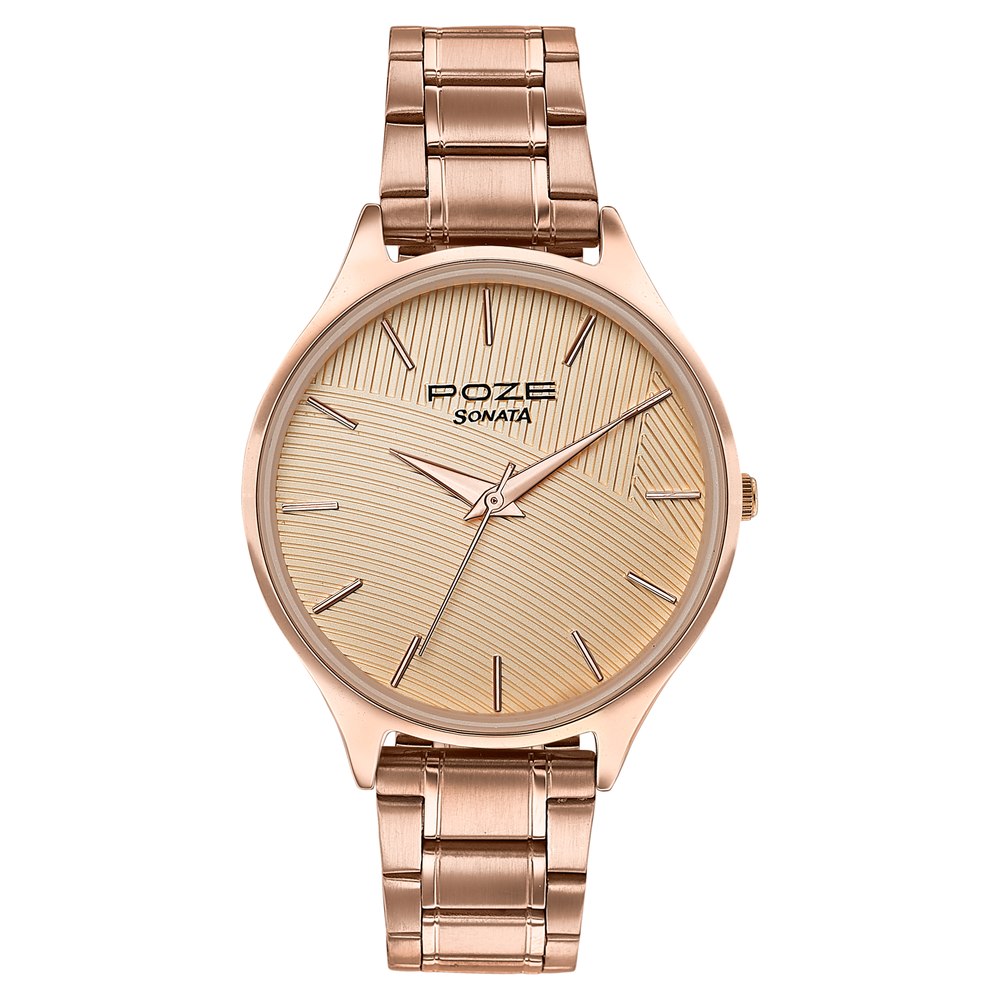 Sonata Poze Quartz Analog Beige Dial Rose Gold Colour Stainless Steel Strap Watch For Women