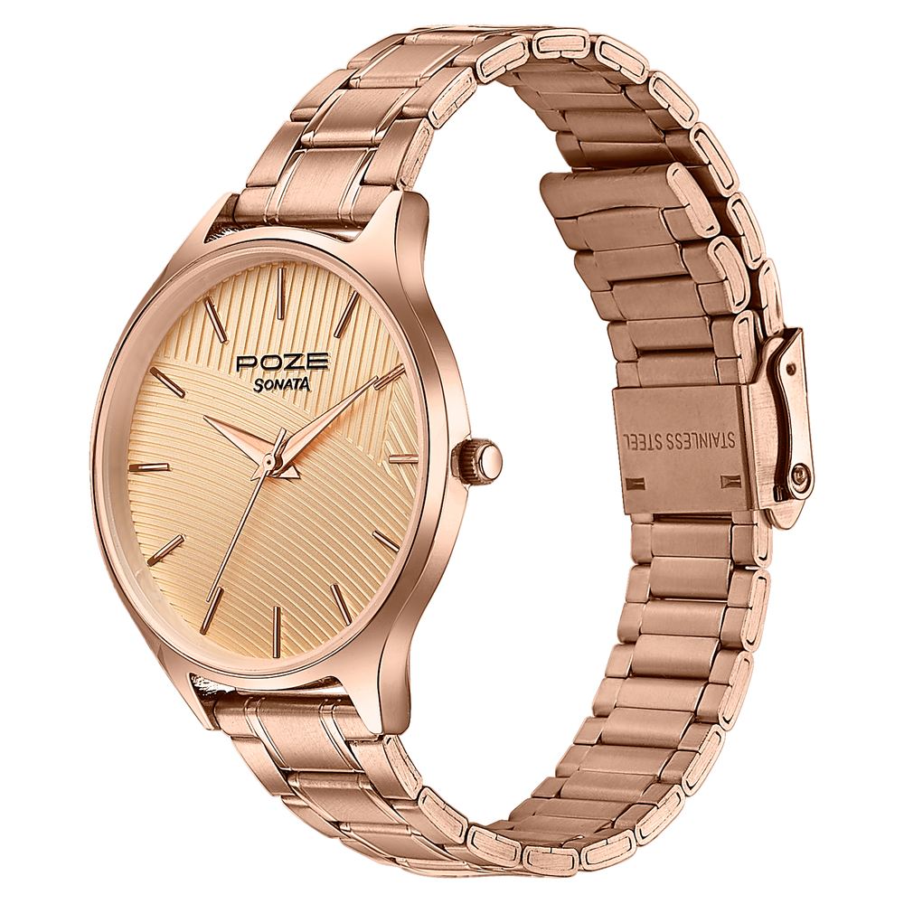Sonata Poze Quartz Analog Beige Dial Rose Gold Colour Stainless Steel Strap Watch For Women