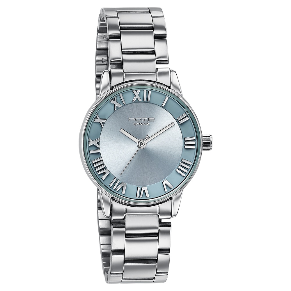 Sonata Poze Quartz Analog Blue Dial Silver Metal Strap Watch For Women