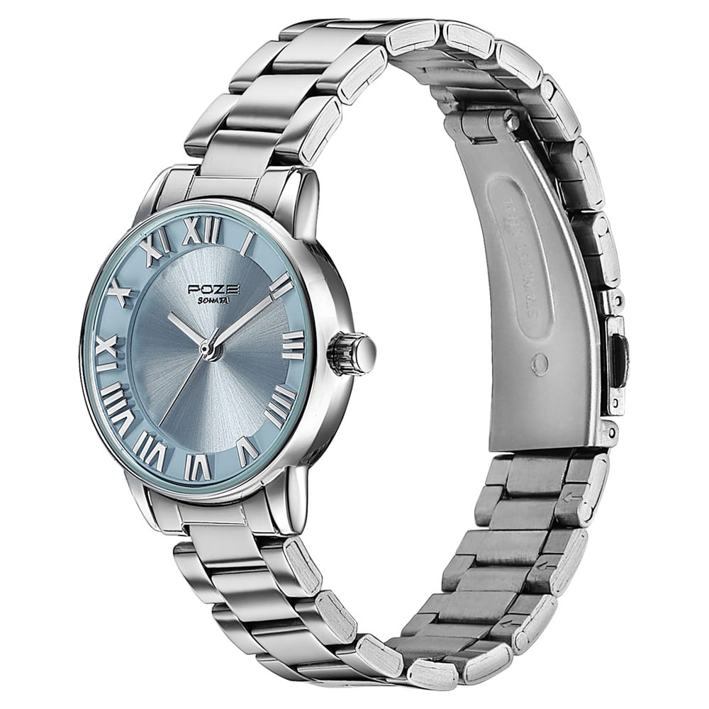 Sonata Poze Quartz Analog Blue Dial Silver Metal Strap Watch For Women