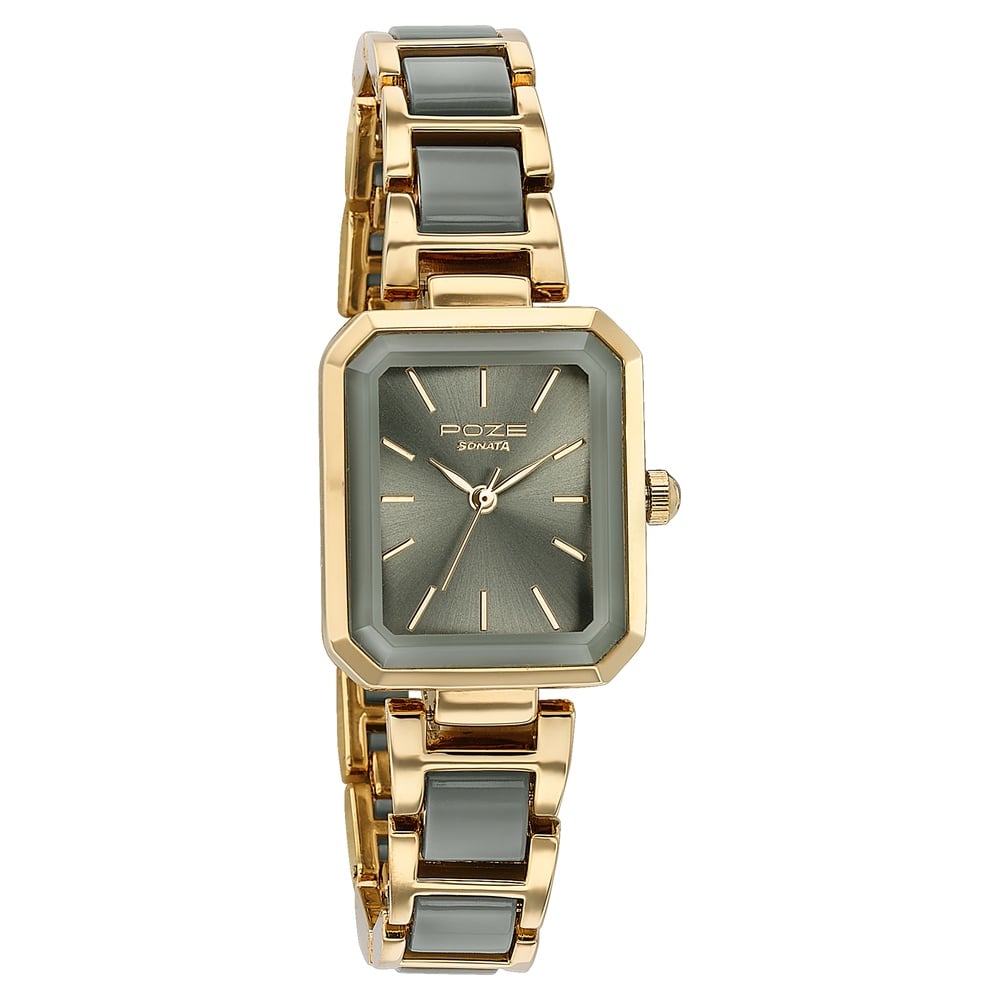Sonata Poze Quartz Analog Green Dial Two Toned Metal & Plastic Strap Watch For Women