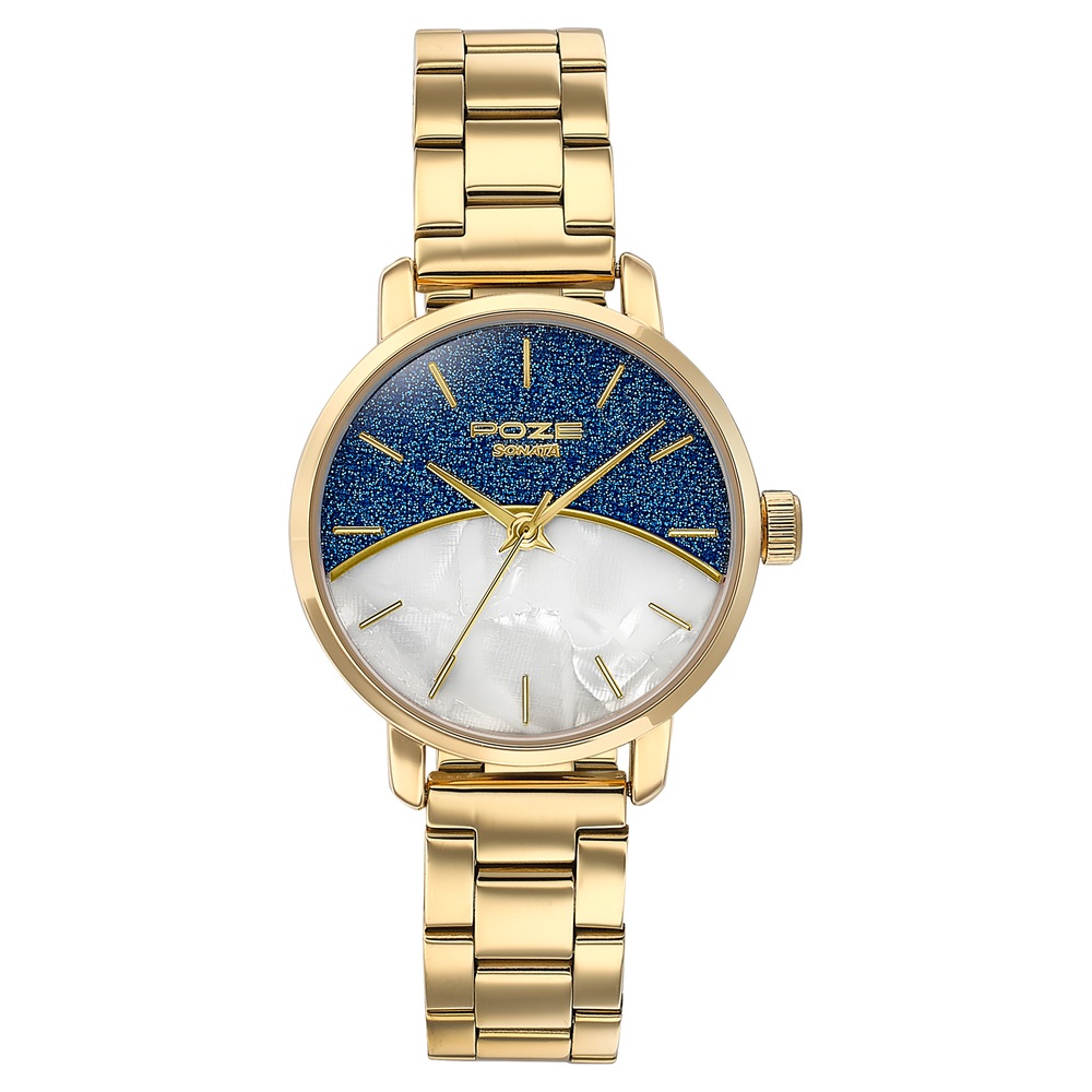 Sonata Poze Quartz Analog Mother of Pearl Dial Golden Metal Strap Watch For Women