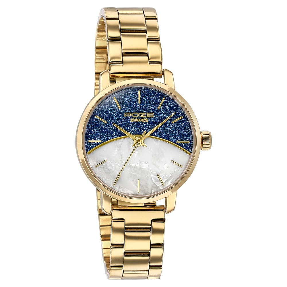 Sonata Poze Quartz Analog Mother of Pearl Dial Golden Metal Strap Watch For Women