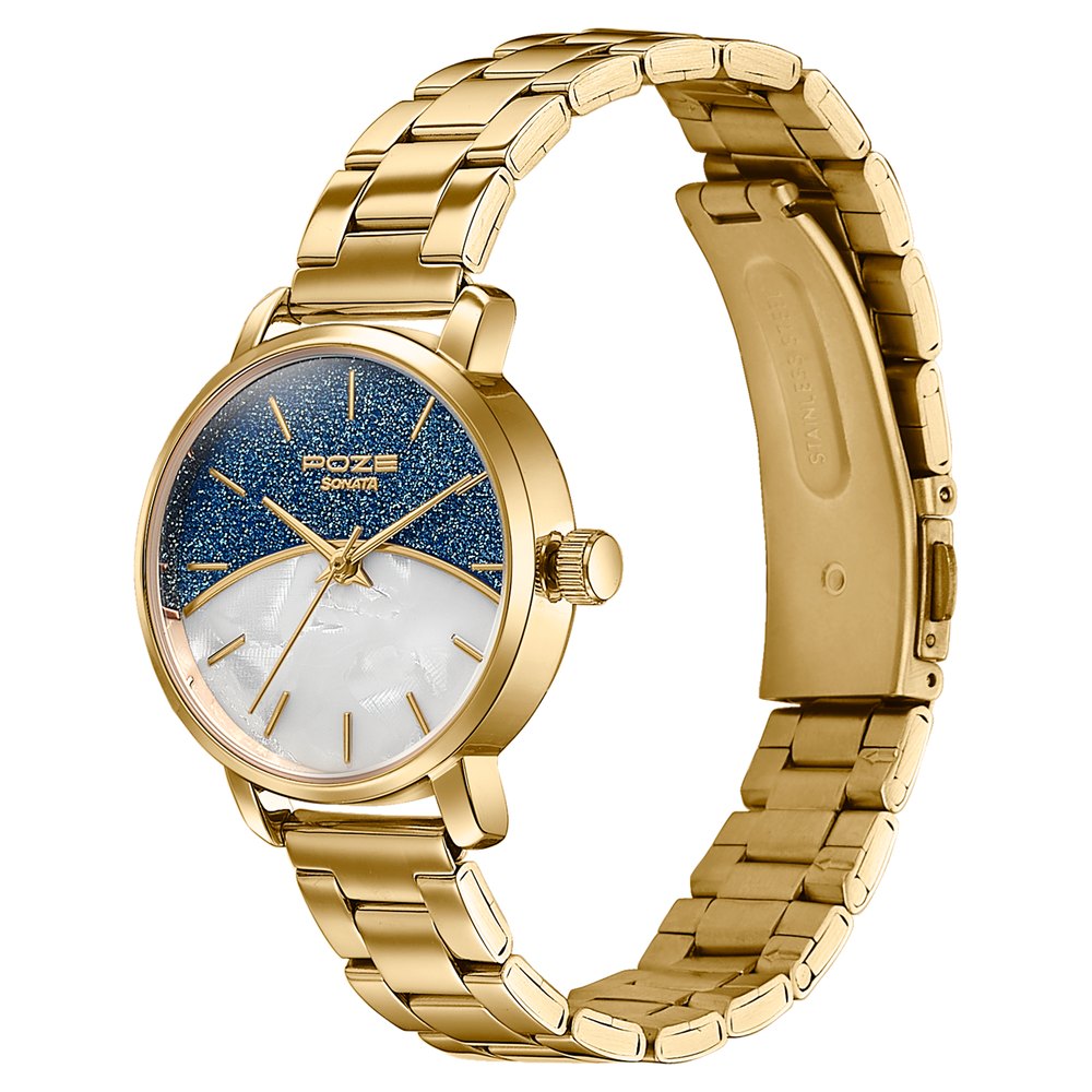 Sonata Poze Quartz Analog Mother of Pearl Dial Golden Metal Strap Watch For Women