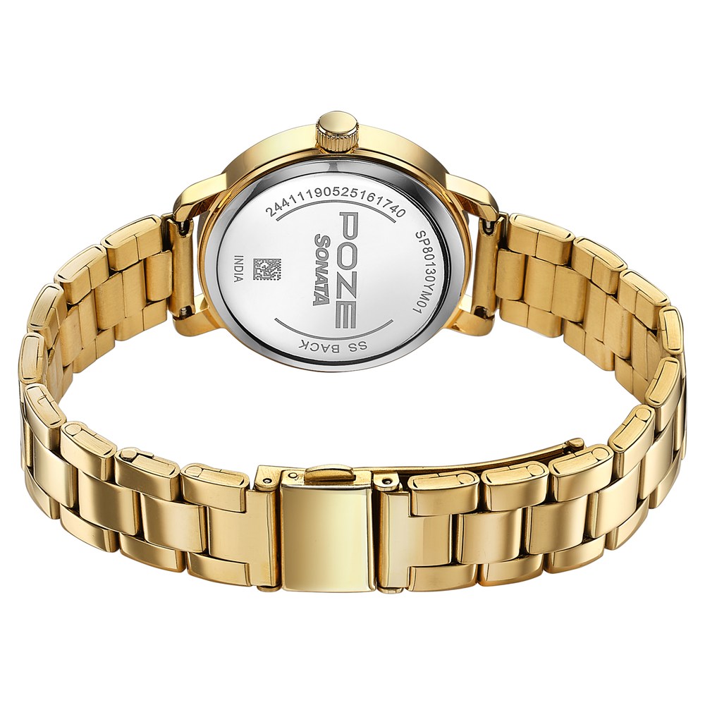 Sonata Poze Quartz Analog Mother of Pearl Dial Golden Metal Strap Watch For Women