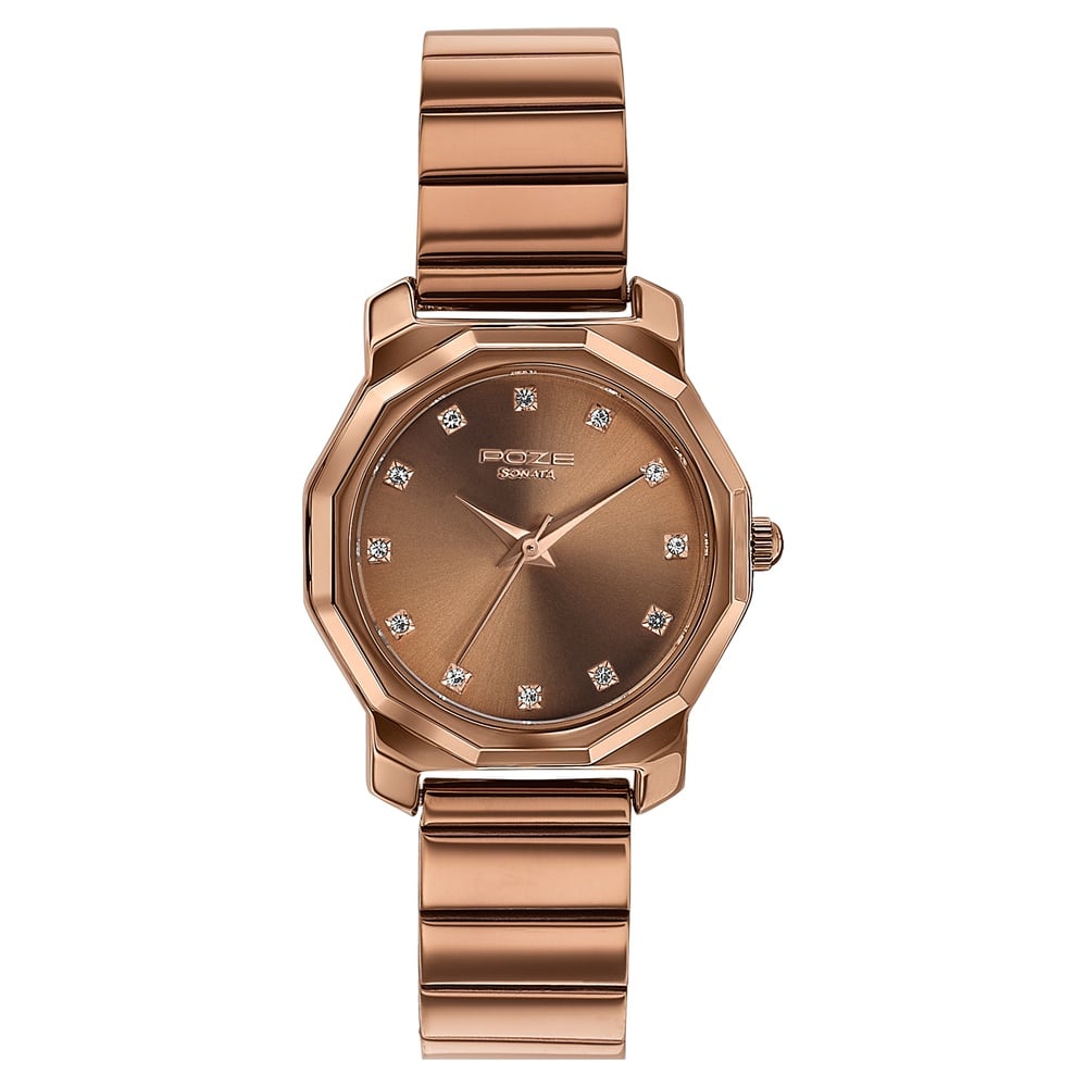 Sonata Poze Quartz Analog Brown Dial Brown Metal Strap Watch For Women