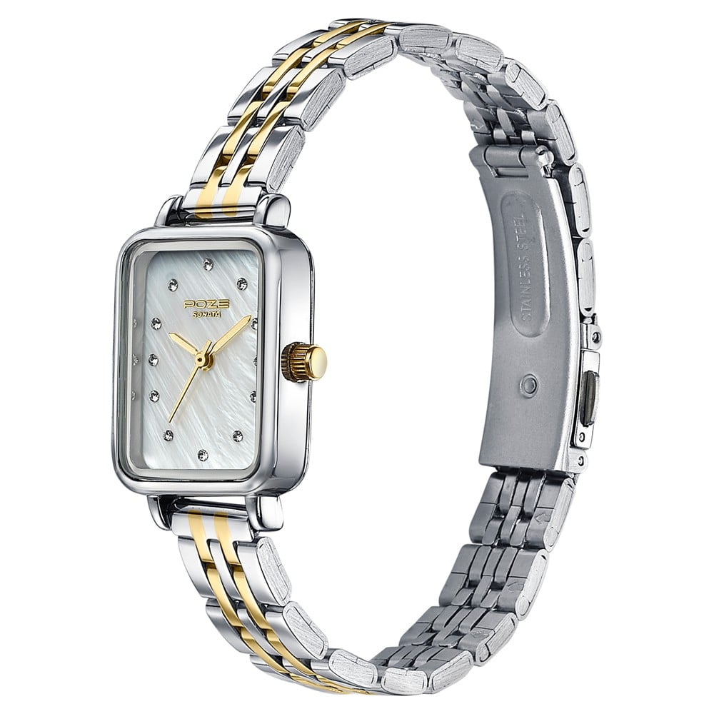 Sonata Poze Quartz Analog Mother of Pearl Dial Two Toned Metal Strap Watch For Women