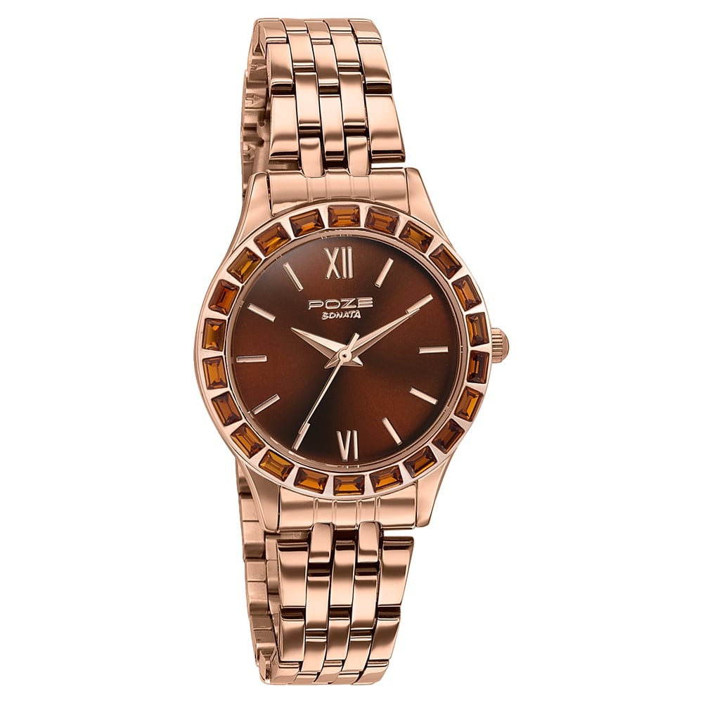 Sonata Poze Quartz Analog Brown Dial Rose Gold Metal Strap Watch For Women