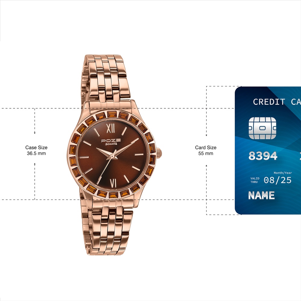 Sonata Poze Quartz Analog Brown Dial Rose Gold Metal Strap Watch For Women
