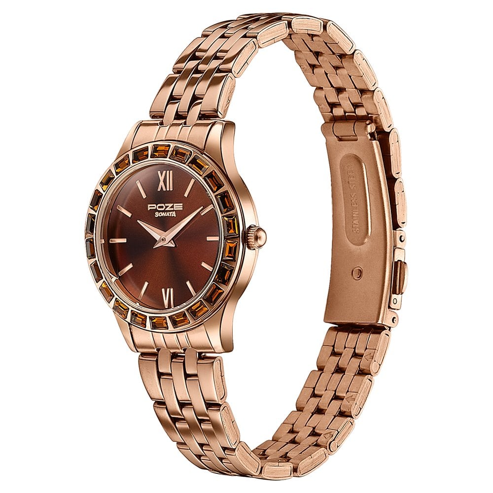Sonata Poze Quartz Analog Brown Dial Rose Gold Metal Strap Watch For Women